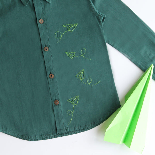 Fly High Embroidered Formal Shirt - Bottle Green - Totdot