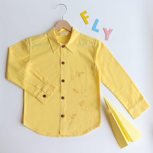 Fly High Embroidered Formal Shirt - Yellow - Totdot