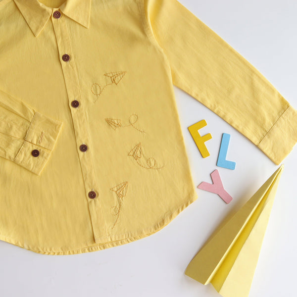 Fly High Embroidered Formal Shirt - Yellow - Totdot