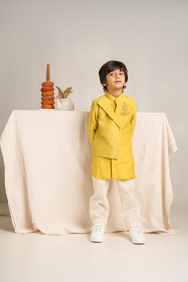 Frere Jacques- Yellow Chanderi Silk Hand Embroidered Asymmetrical Kurta with White Pants Set for Boys - Totdot