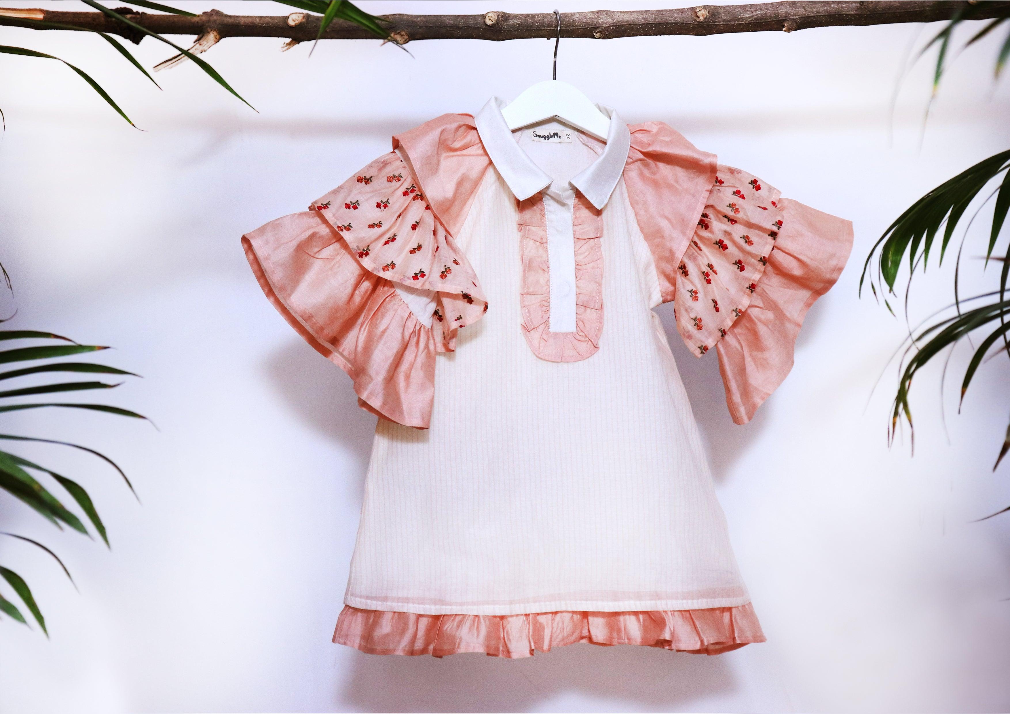 Girls Chanderi Frill Sleeves Party Dress - Peach - Totdot