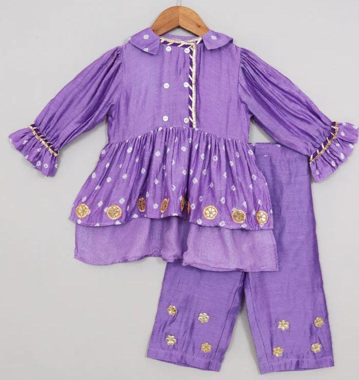 Girls Ethnic Gota Work Coord set Style Kurta Pajama Set - Purple - Totdot