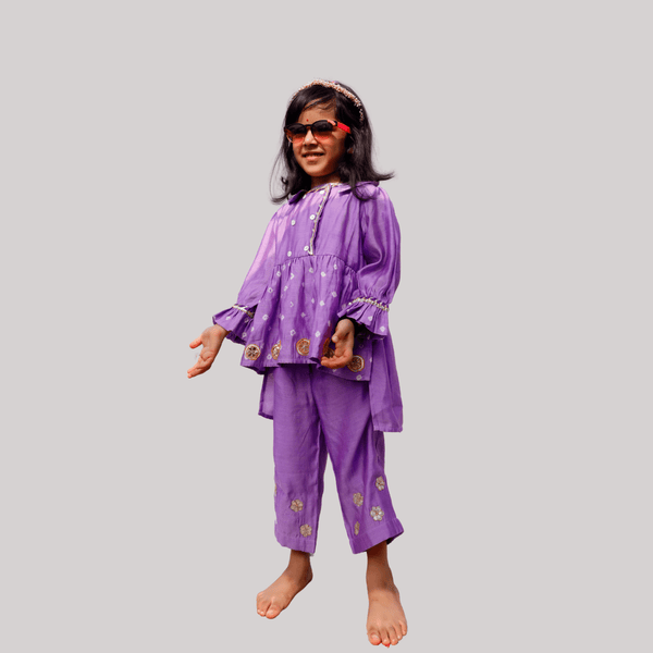 Girls Ethnic Gota Work Coord set Style Kurta Pajama Set - Purple - Totdot