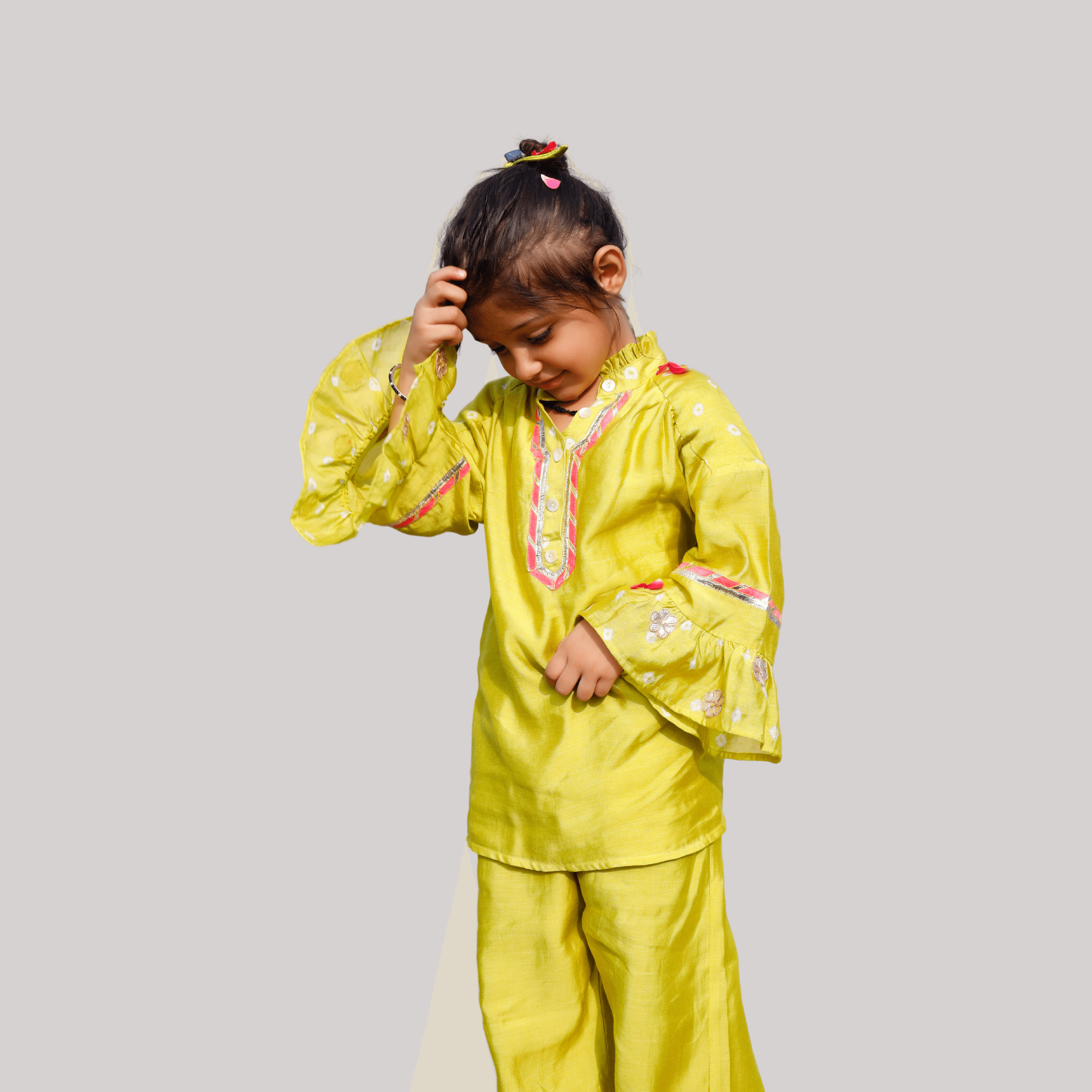 Girls Ethnic Gota Work Coord Set Style Kurta Set - Lime Green - Totdot