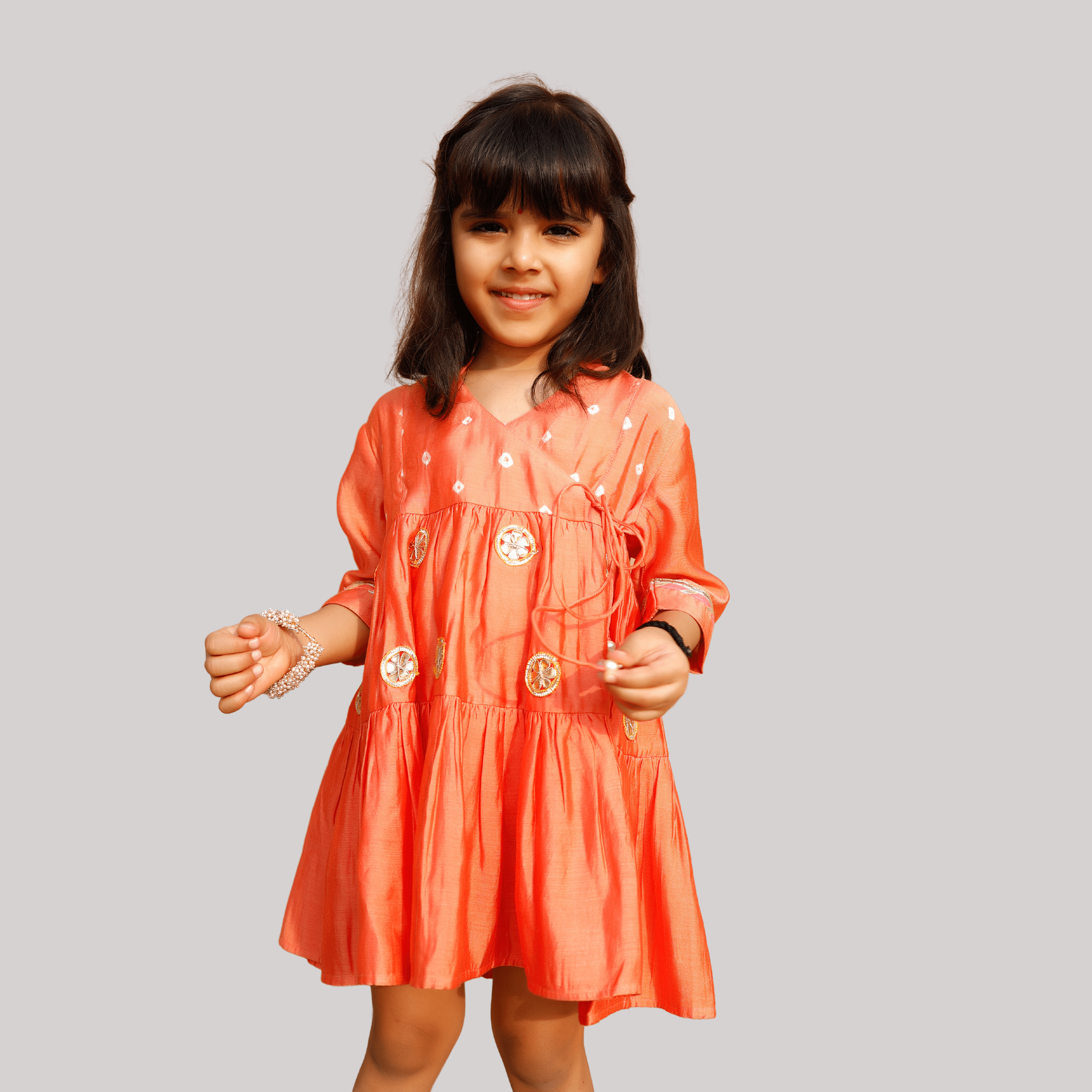 Girls Ethnic Gota Work Dress/Kurta - Orange - Totdot