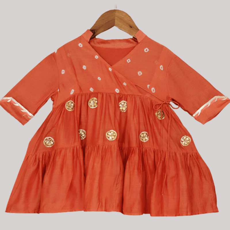 Girls Ethnic Gota Work Dress/Kurta - Orange - Totdot
