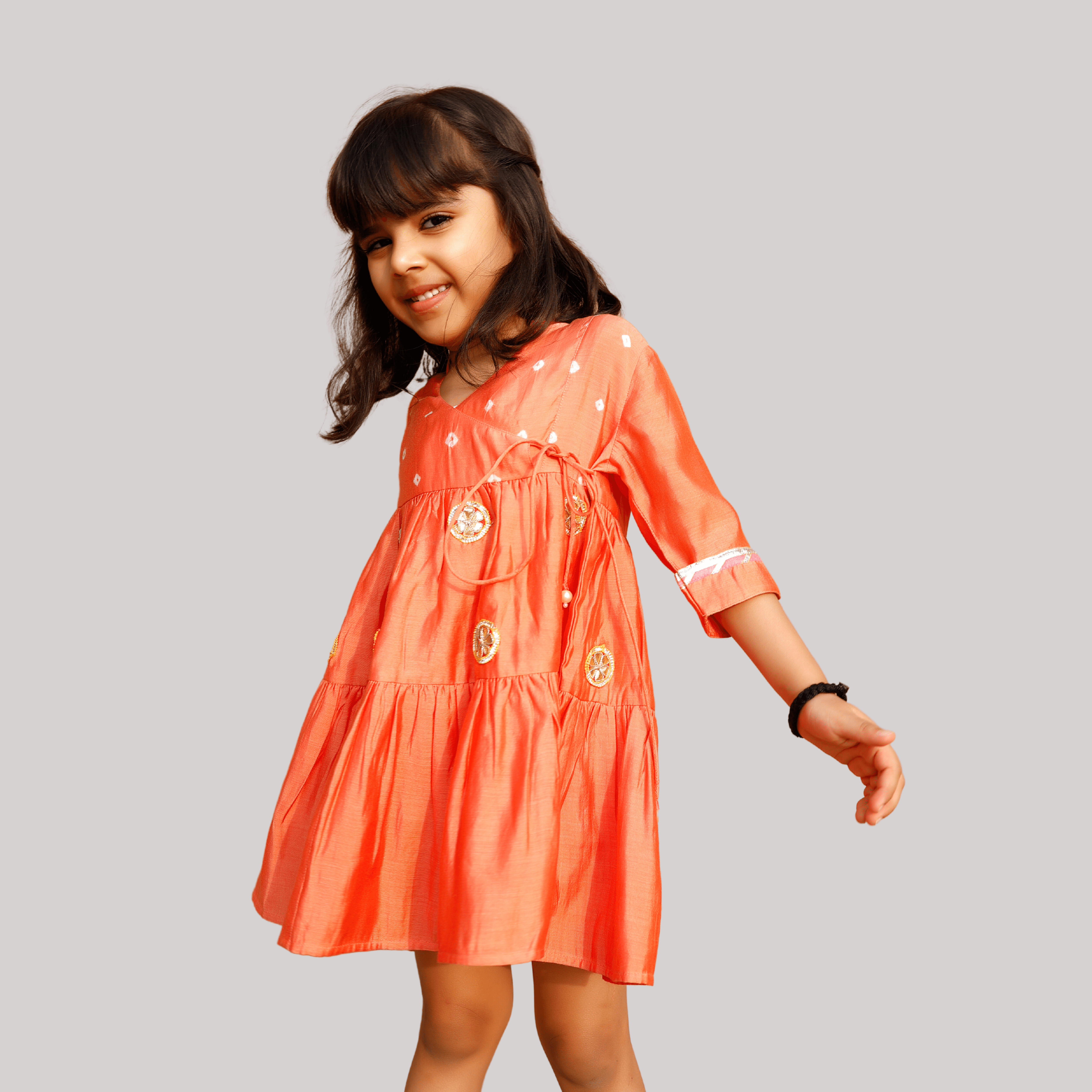 Girls Ethnic Gota Work Dress/Kurta - Orange - Totdot