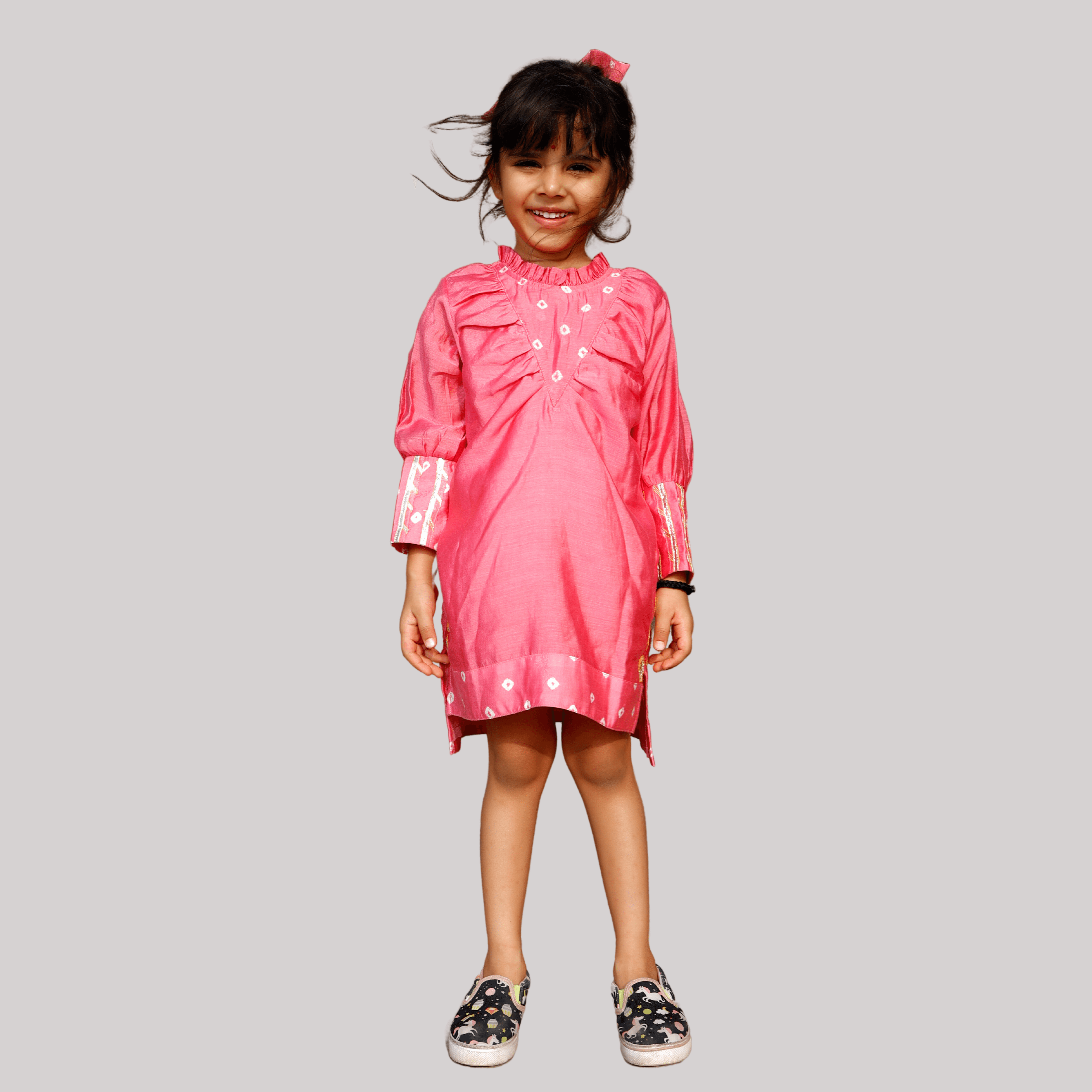 Girls Ethnic Gota Work Dress/Kurta - Pink - Totdot