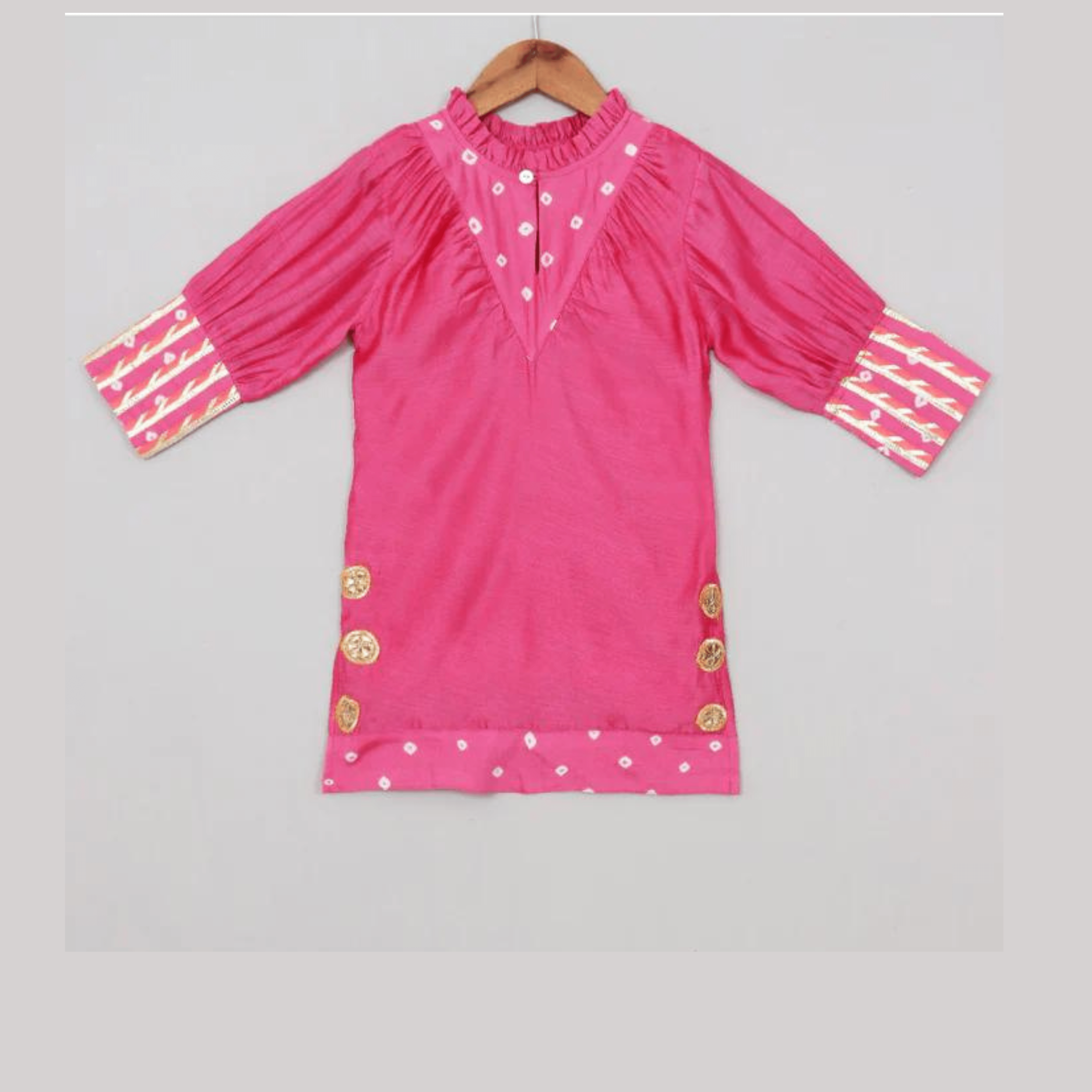 Girls Ethnic Gota Work Dress/Kurta - Pink - Totdot