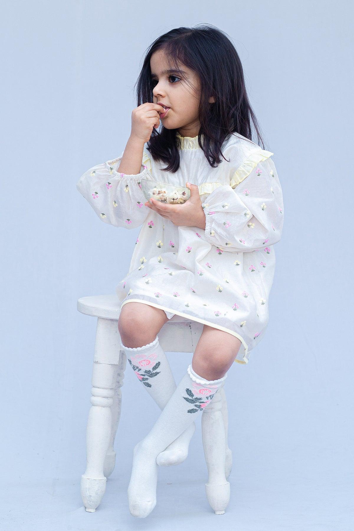 Girls Full Sleeves Embroidery Party Dress - Offwhite - Totdot