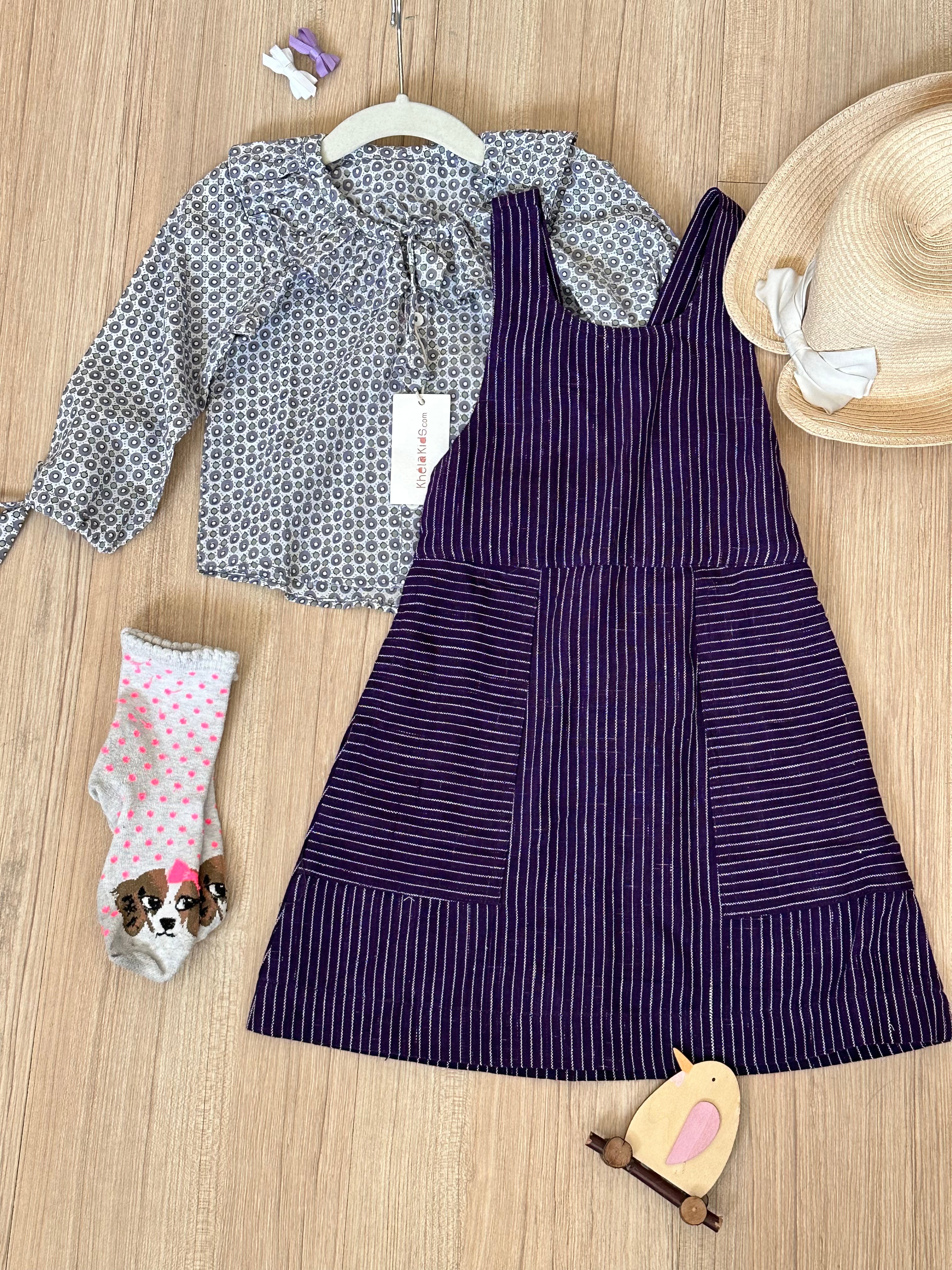 Grey Frill Shirt & Purple Dress (Set of 2) - Totdot