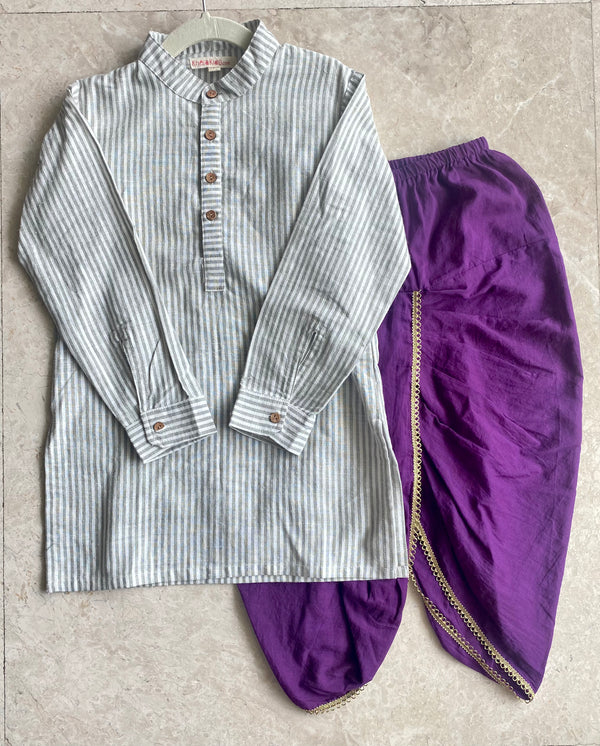 Grey striped Kurta & Purple Dhoti (Set of 2) - Totdot