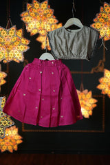 Gulnar 2 in 1 girls ethnic lehenga/ dress in pink heart handwoven cotton silk with grey top - Totdot