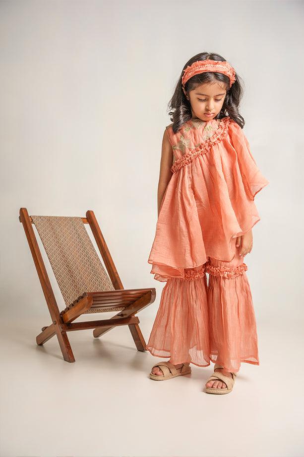 Hakuna Matata- Peach Chanderi Silk Hand Embroidered Ruflled Top & Frilled Gharara Set for Girls - Totdot