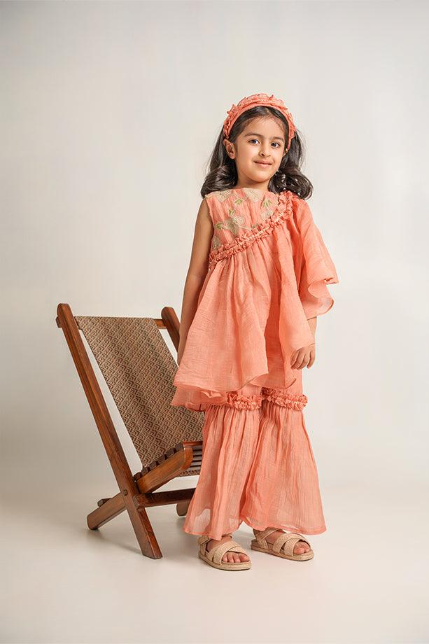 Hakuna Matata- Peach Chanderi Silk Hand Embroidered Ruflled Top & Frilled Gharara Set for Girls - Totdot