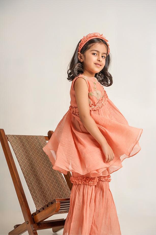 Hakuna Matata- Peach Chanderi Silk Hand Embroidered Ruflled Top & Frilled Gharara Set for Girls - Totdot