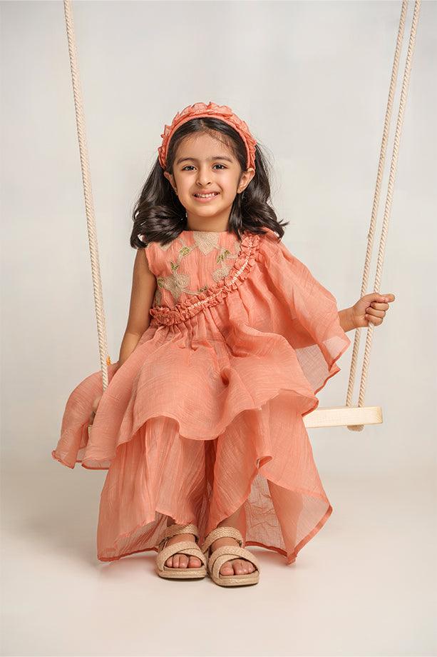 Hakuna Matata- Peach Chanderi Silk Hand Embroidered Ruflled Top & Frilled Gharara Set for Girls - Totdot