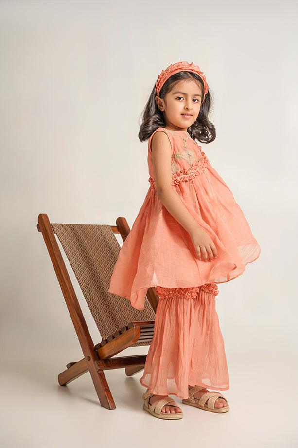 Hakuna Matata- Peach Chanderi Silk Hand Embroidered Ruflled Top & Frilled Gharara Set for Girls - Totdot