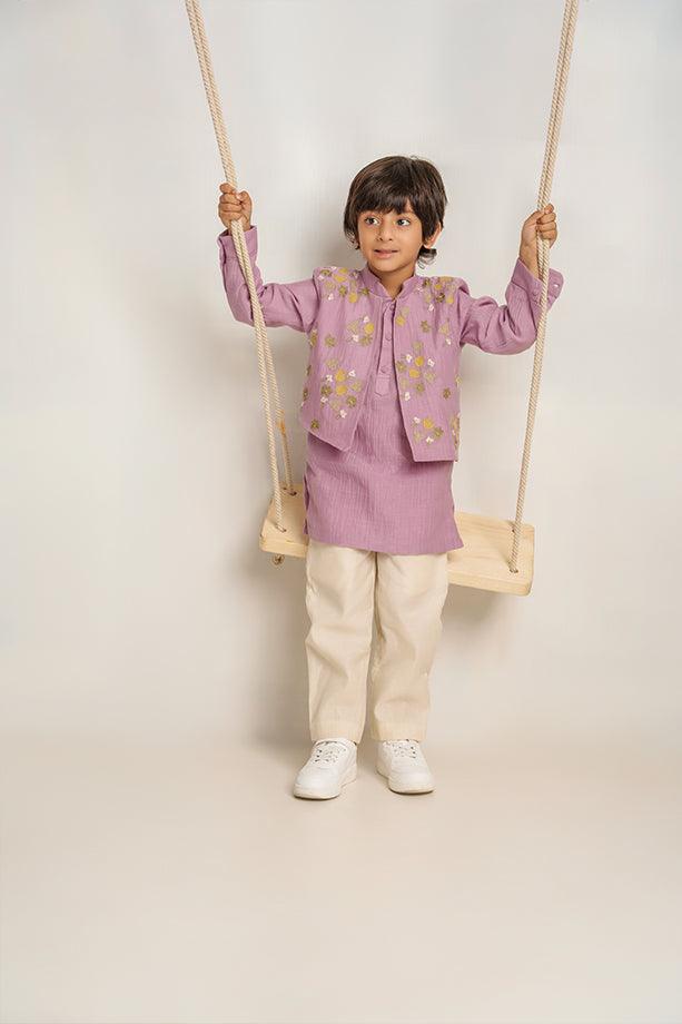 Humpty Dumpty- Lavender Chanderi Silk Hand Embroidered Kurta with Jacket & Pants Set for Boys - Totdot