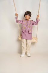 Humpty Dumpty- Lavender Chanderi Silk Hand Embroidered Kurta with Jacket & Pants Set for Boys - Totdot