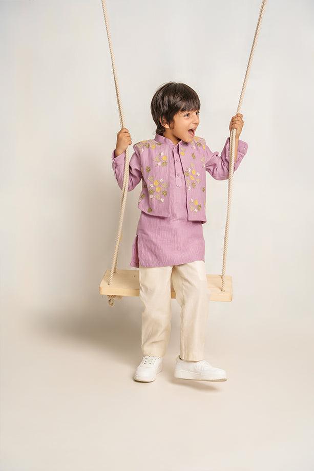 Humpty Dumpty- Lavender Chanderi Silk Hand Embroidered Kurta with Jacket & Pants Set for Boys - Totdot