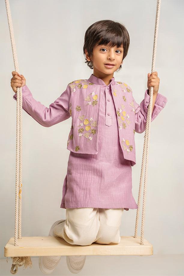 Humpty Dumpty- Lavender Chanderi Silk Hand Embroidered Kurta with Jacket & Pants Set for Boys - Totdot