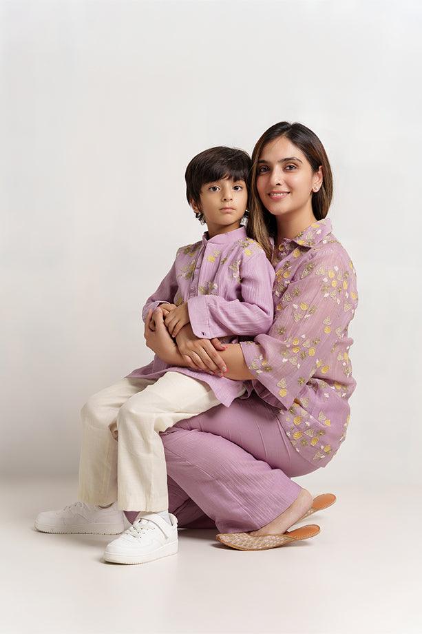 Humpty Dumpty- Lavender Chanderi Silk Hand Embroidered Kurta with Jacket & Pants Set for Boys - Totdot