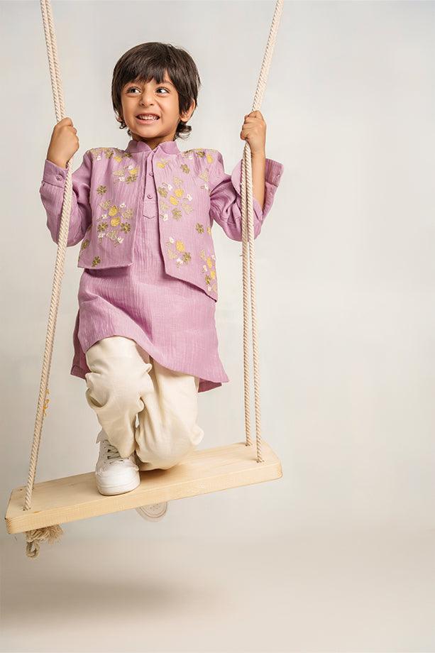 Humpty Dumpty- Lavender Chanderi Silk Hand Embroidered Kurta with Jacket & Pants Set for Boys - Totdot