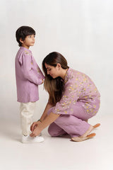 Humpty Dumpty- Lavender Chanderi Silk Hand Embroidered Kurta with Jacket & Pants Set for Boys - Totdot