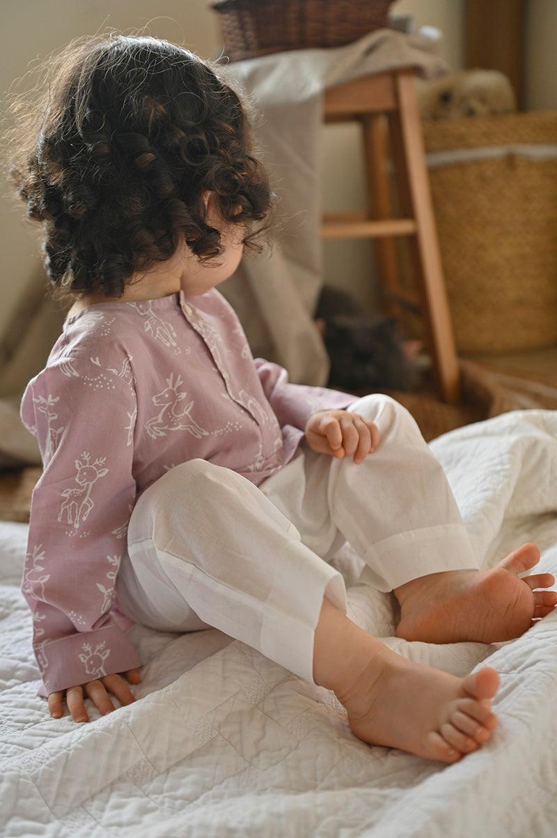 ‘I want to be like grandpa’ kurta pajama set in lilac reindeers hand block print - Totdot