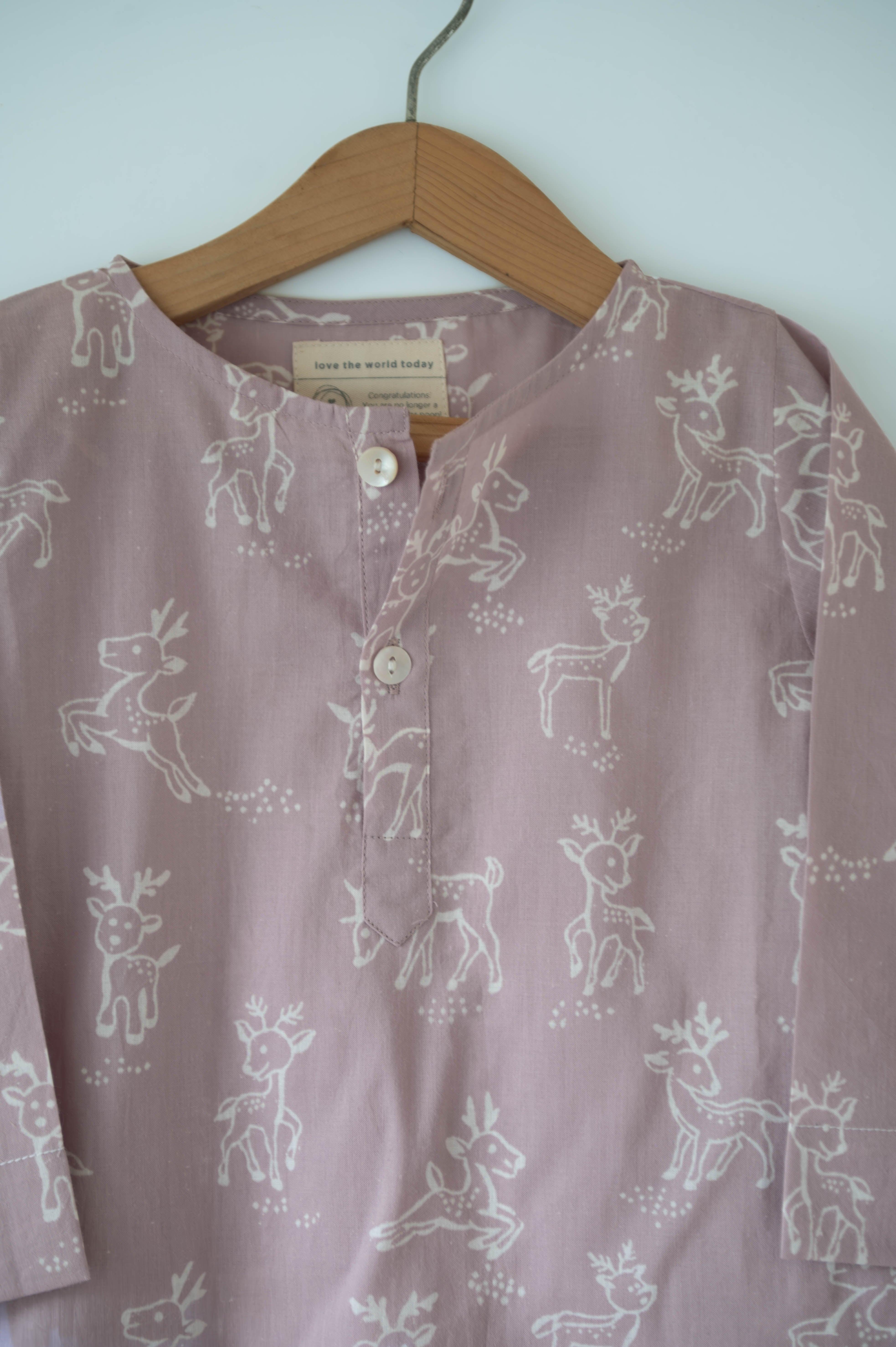 ‘I want to be like grandpa’ kurta pajama set in lilac reindeers hand block print - Totdot