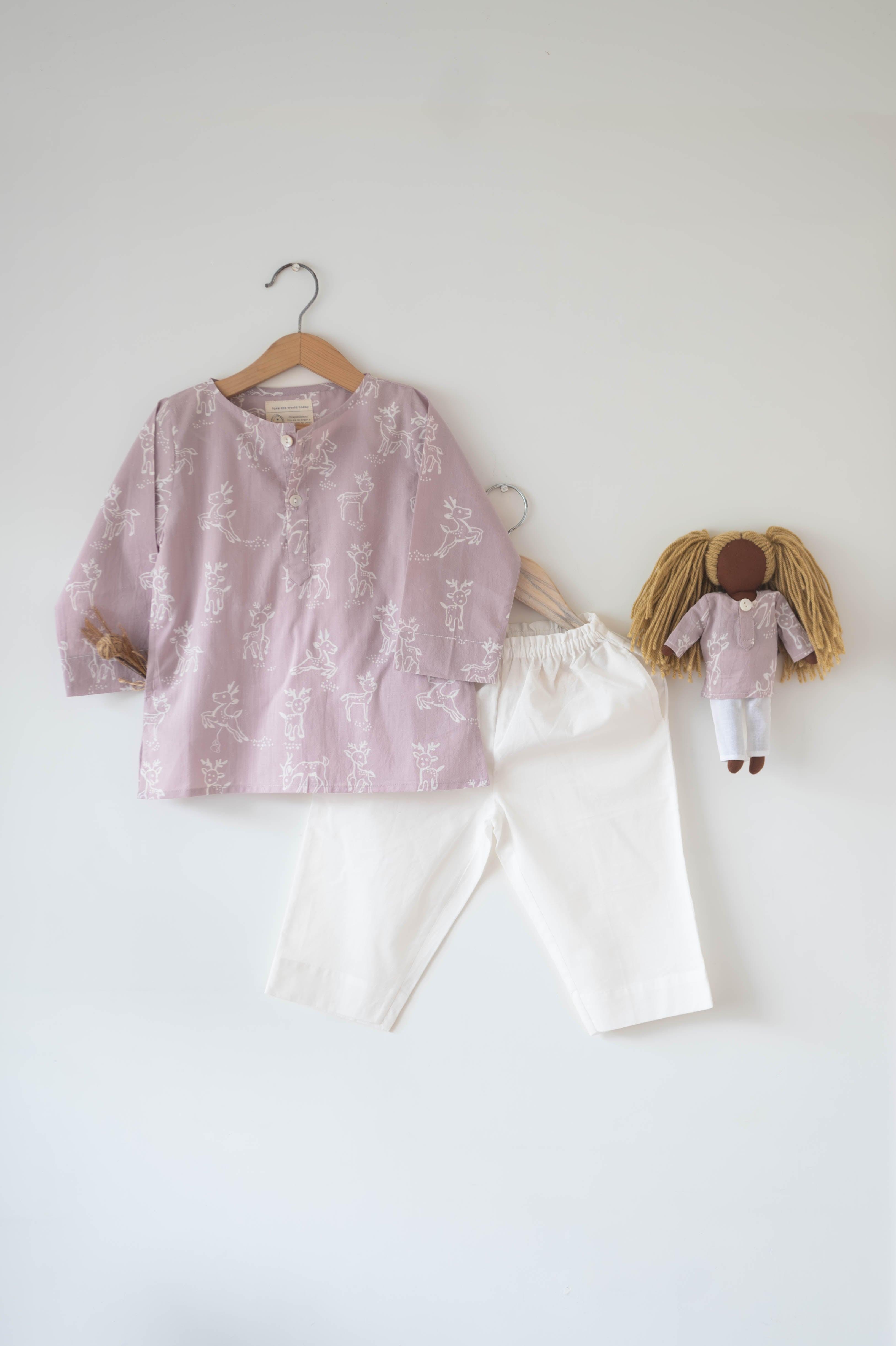 ‘I want to be like grandpa’ kurta pajama set in lilac reindeers hand block print - Totdot