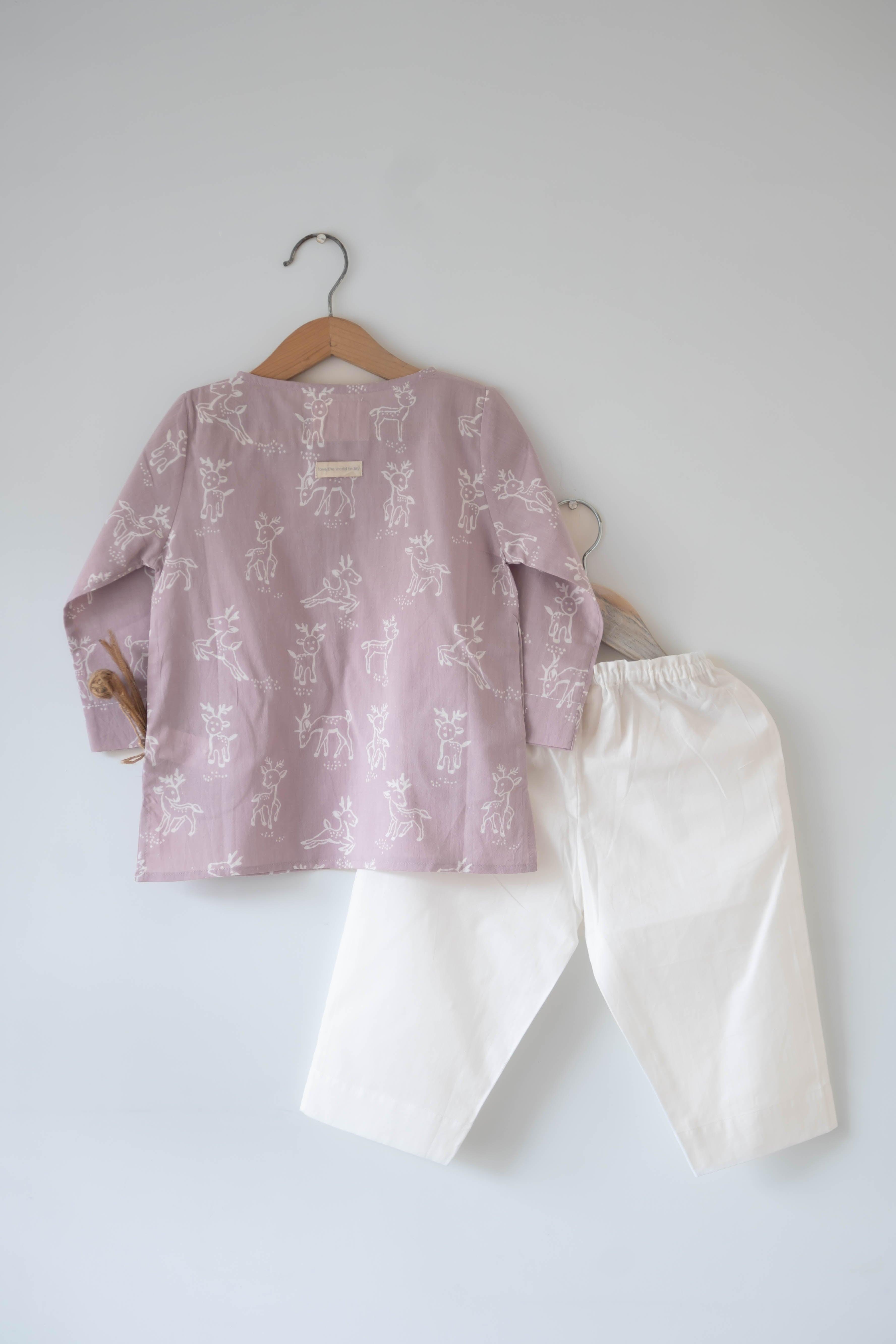 ‘I want to be like grandpa’ kurta pajama set in lilac reindeers hand block print - Totdot