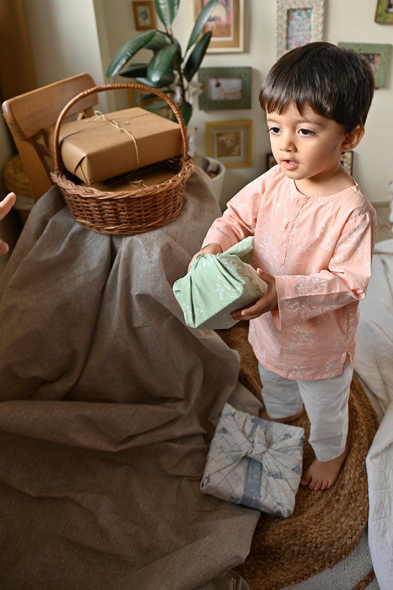 I want to be like grandpa’ kurta pajama set in peachy pink reindeers hand block print - Totdot