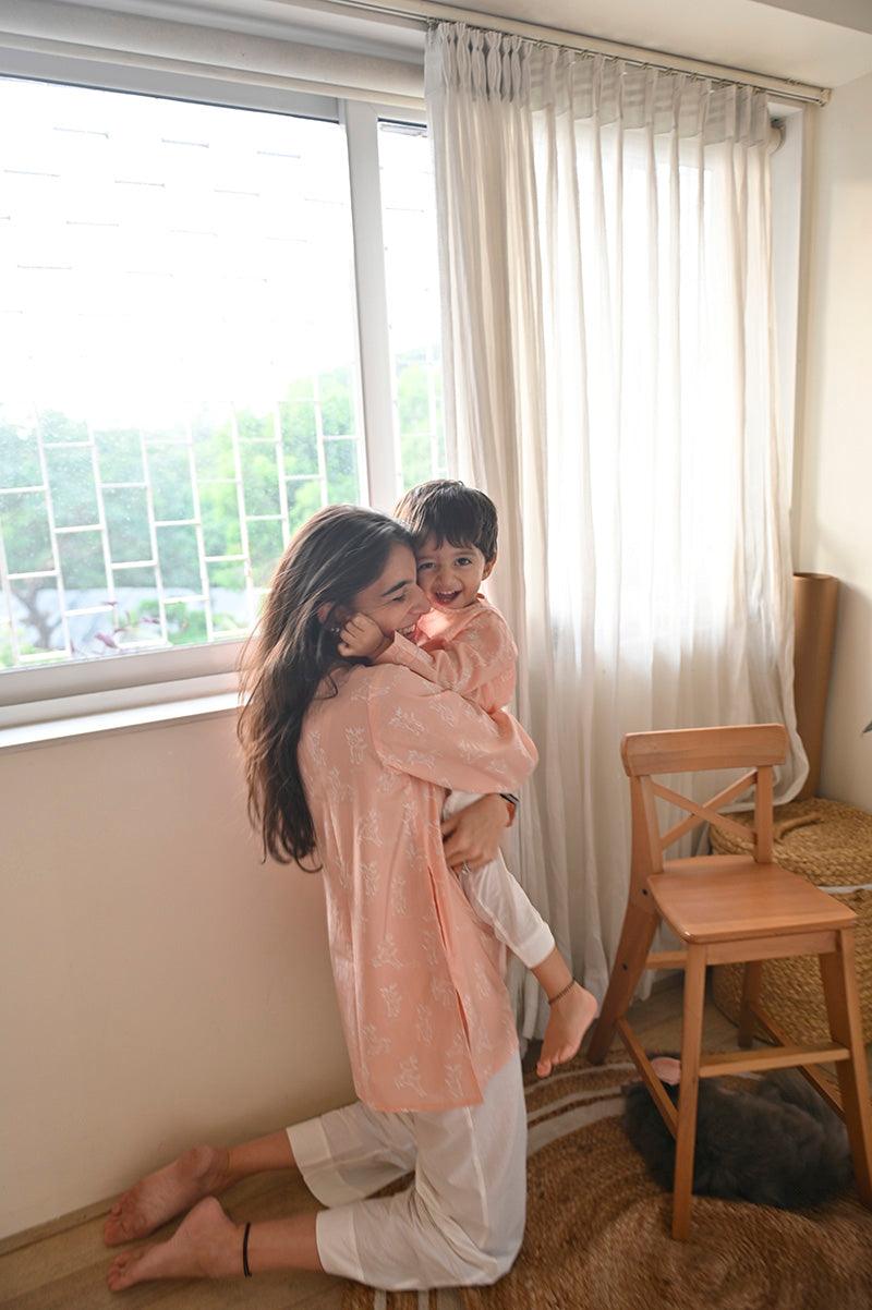 I want to be like grandpa’ kurta pajama set in peachy pink reindeers hand block print - Totdot