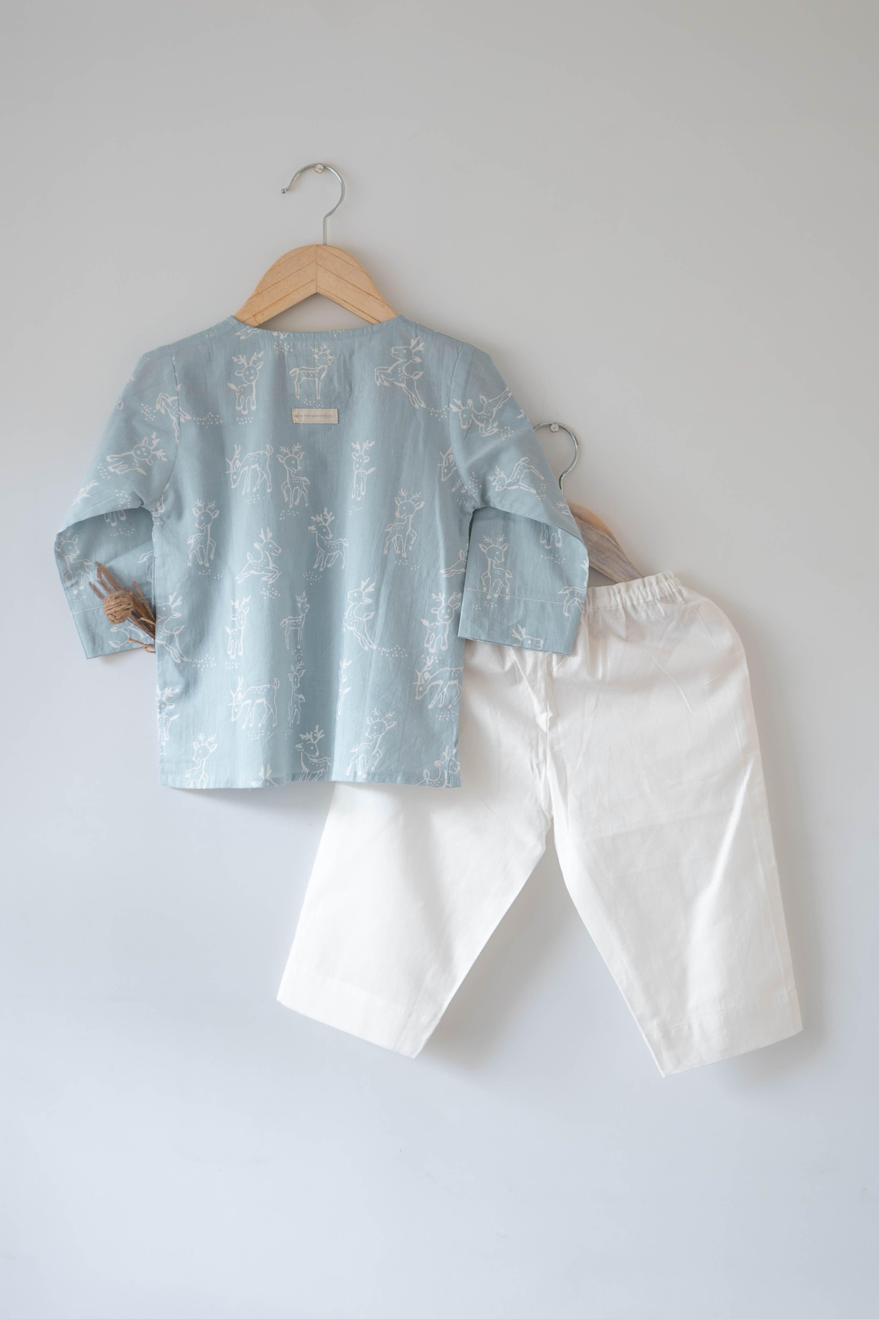 ‘I want to be like grandpa’ kurta pajama set in powder blue reindeers hand block print - Totdot