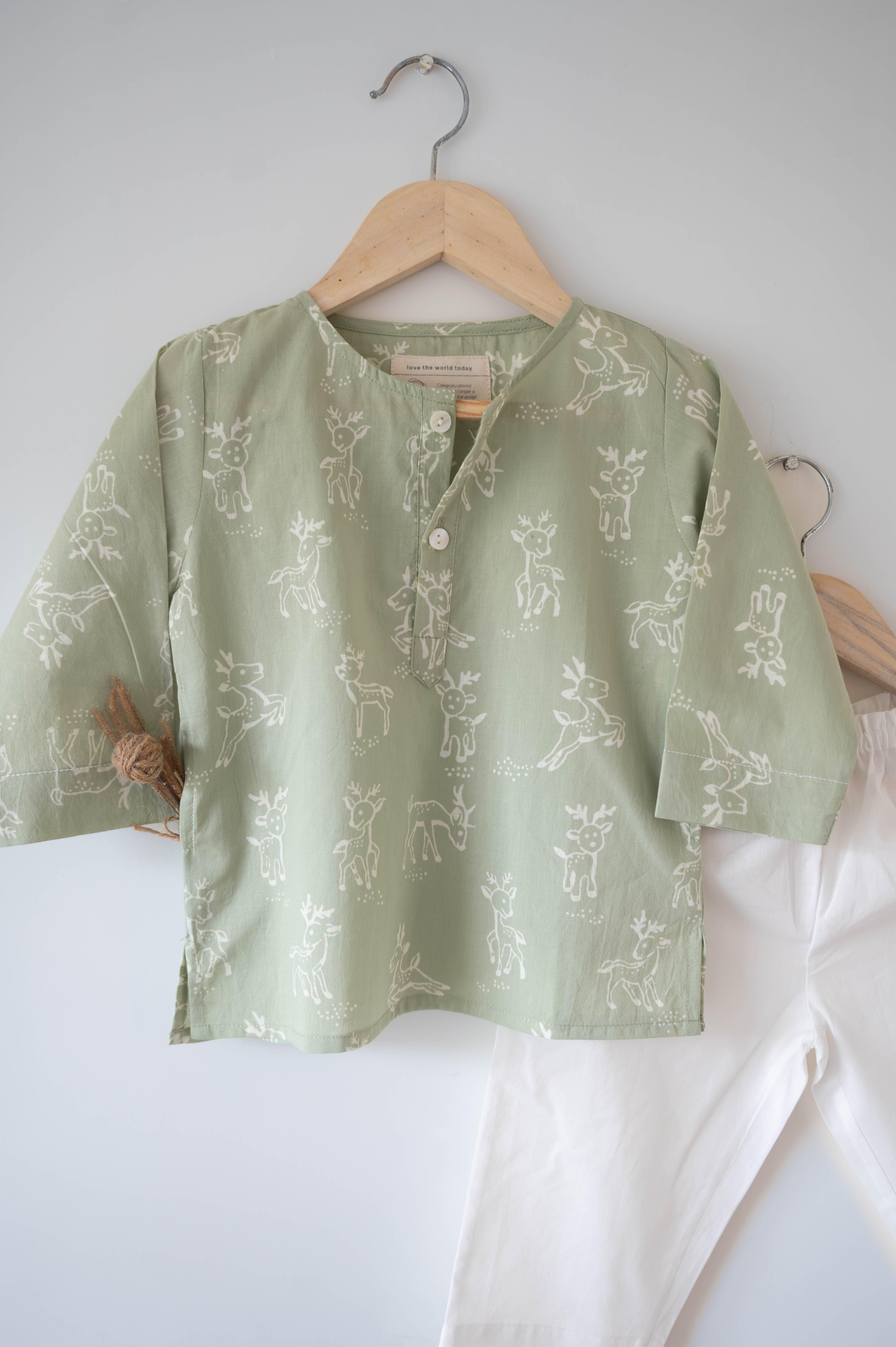 I want to be like grandpa’ kurta pajama set in sage green reindeers hand block print - Totdot