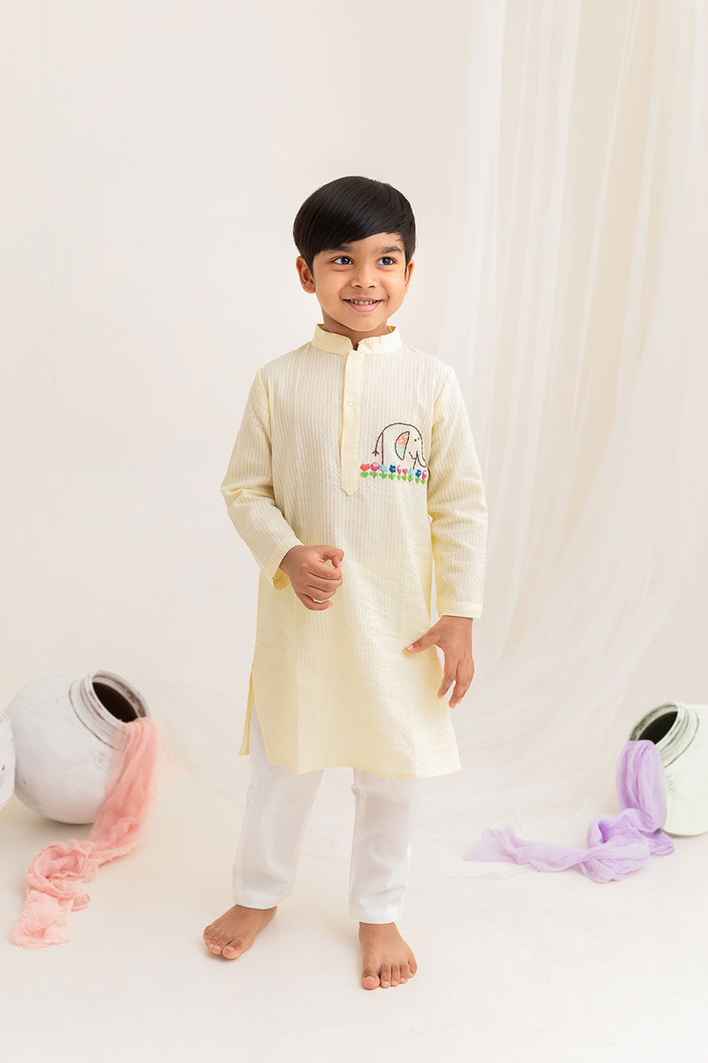 Elephant - Cotton Hand Embroidered Yellow Kurta paired with Pajama Pants