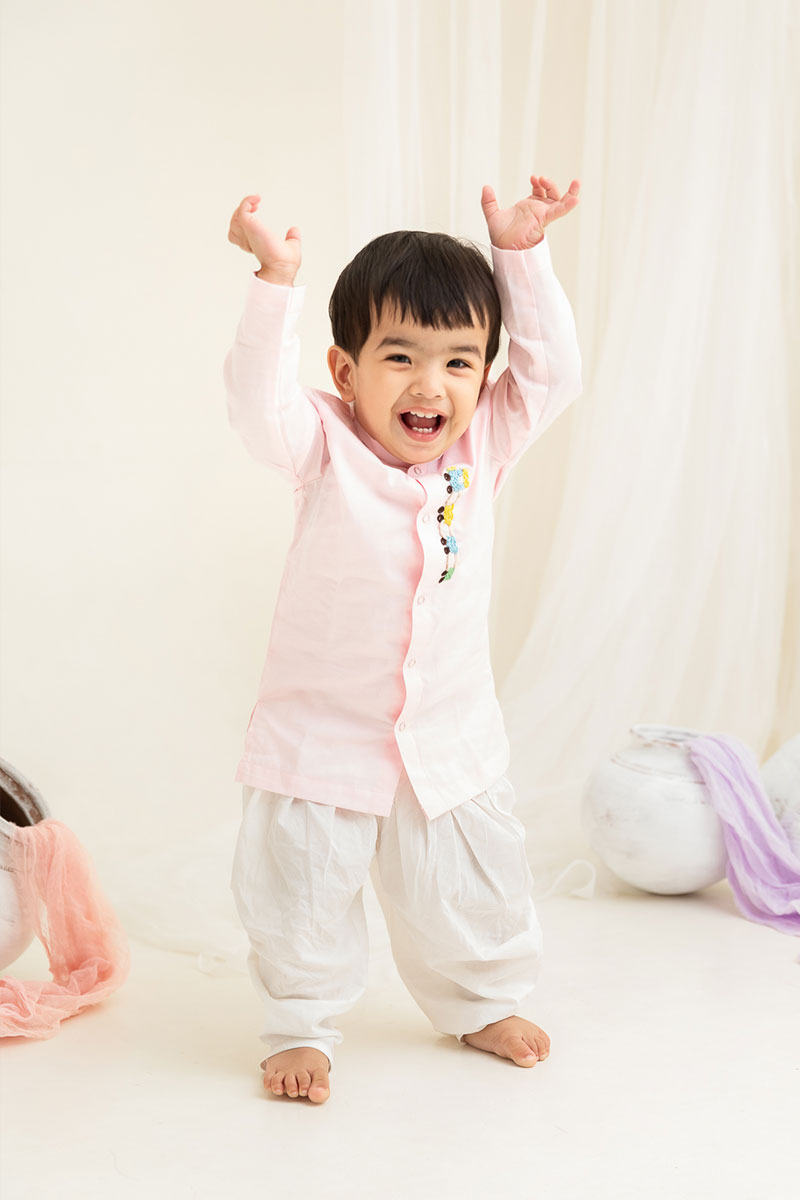 Train - Cotton Hand Embroidered Pastel Pink Kurta paired with Patiyala Pants