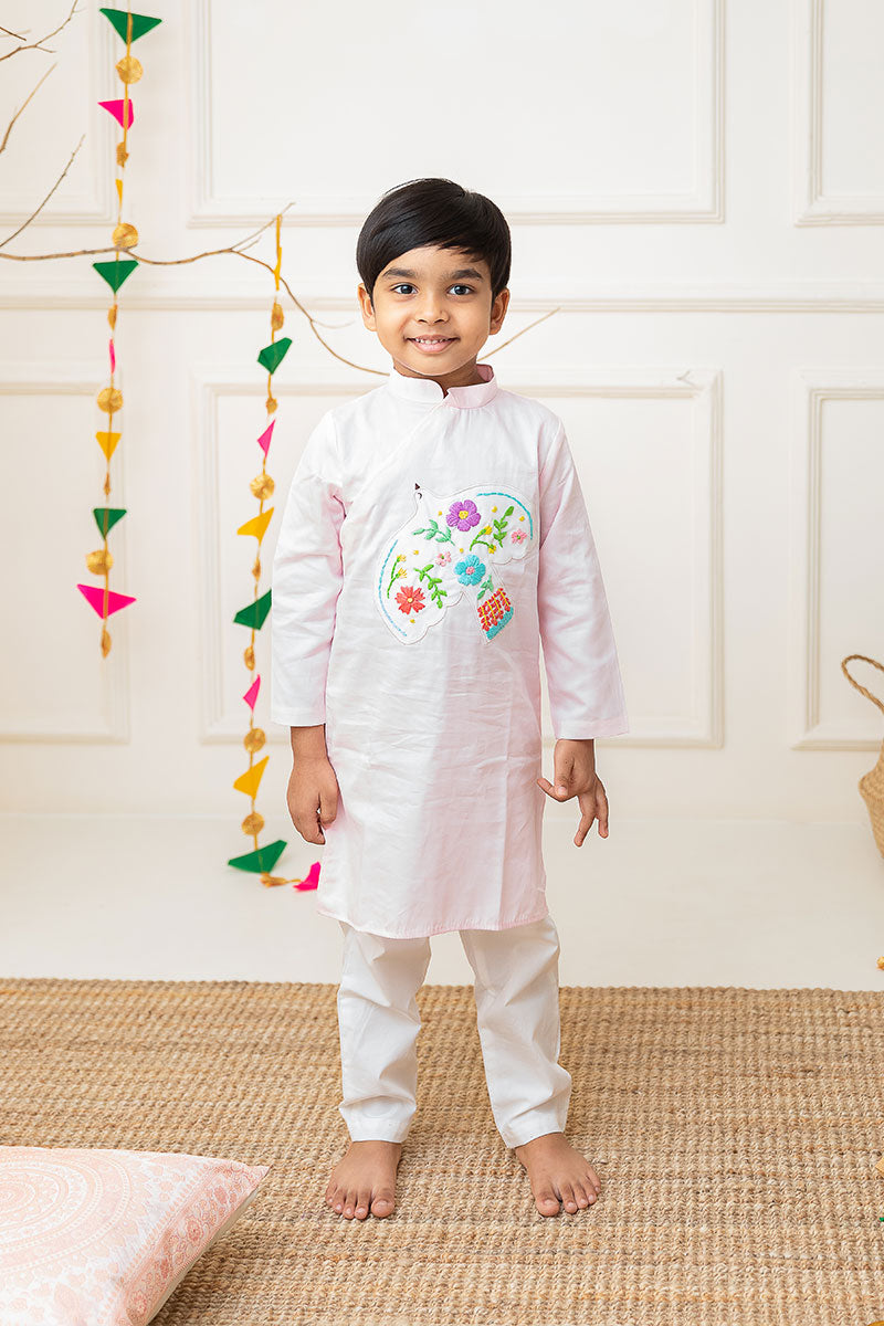 Bird Patch - Cotton Hand Embroidered Pastel Pink Kurta paired with Pajama Pants