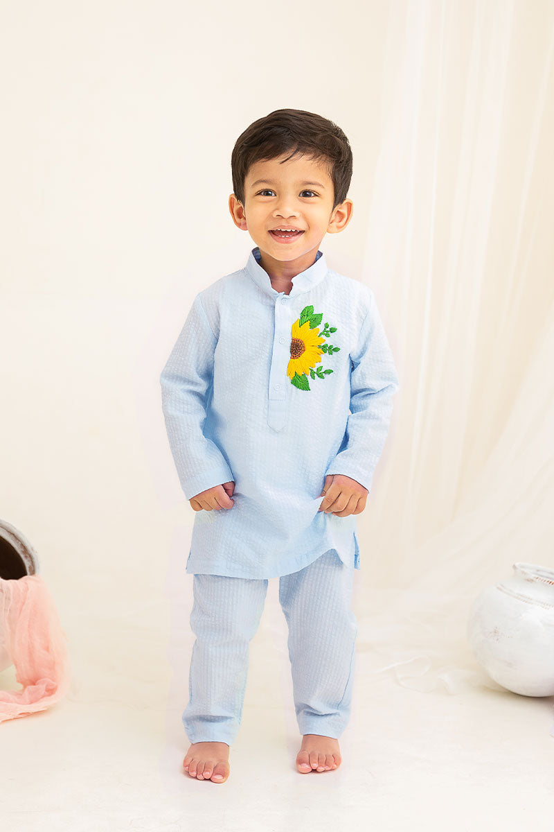 Sunflower - Cotton Hand Embroidered Baby Blue Kurta paired with Baby Blue Pajama Pants