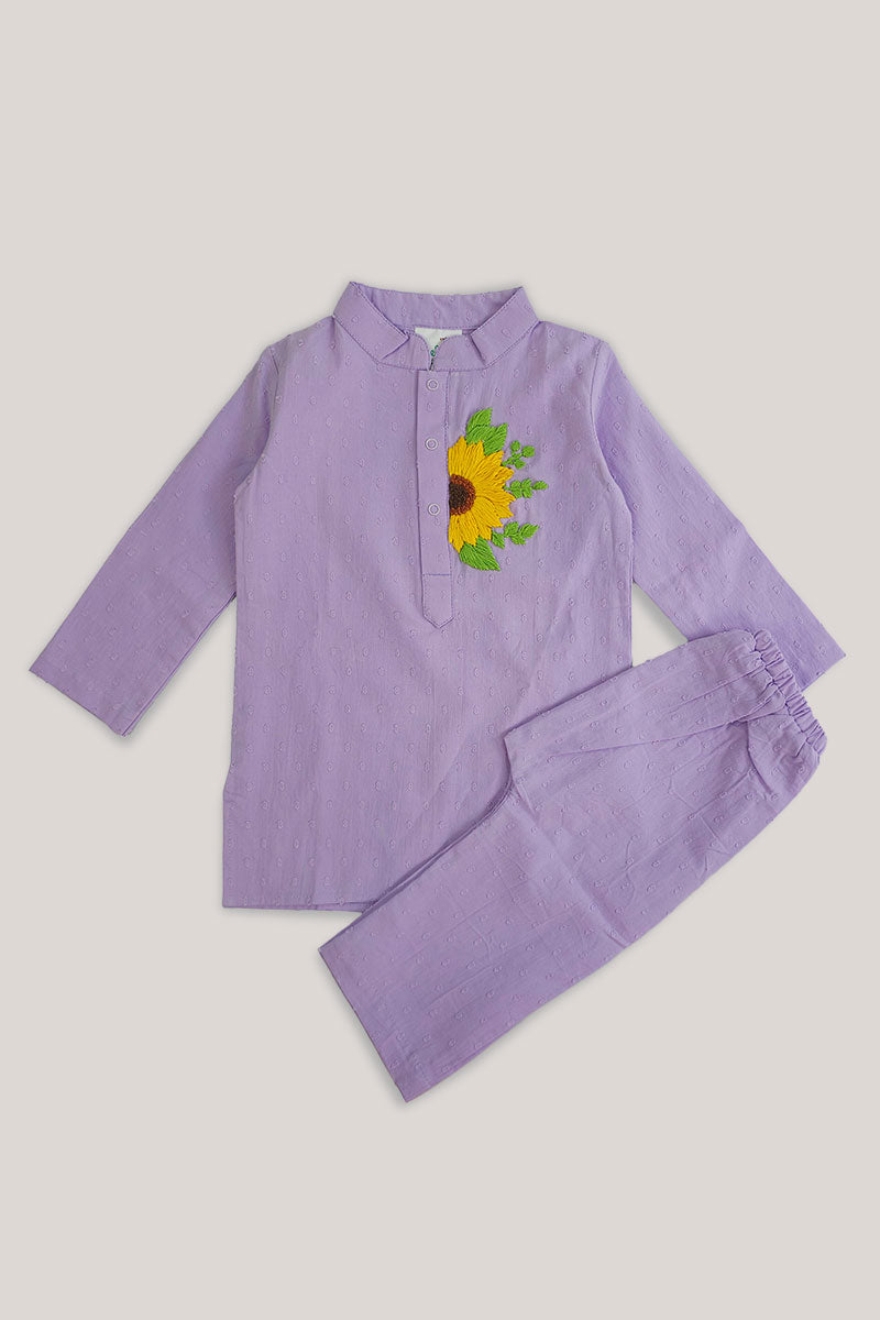 Sunflower - Cotton Hand Embroidered Lilac Kurta paired with Lilac Pajama Pants