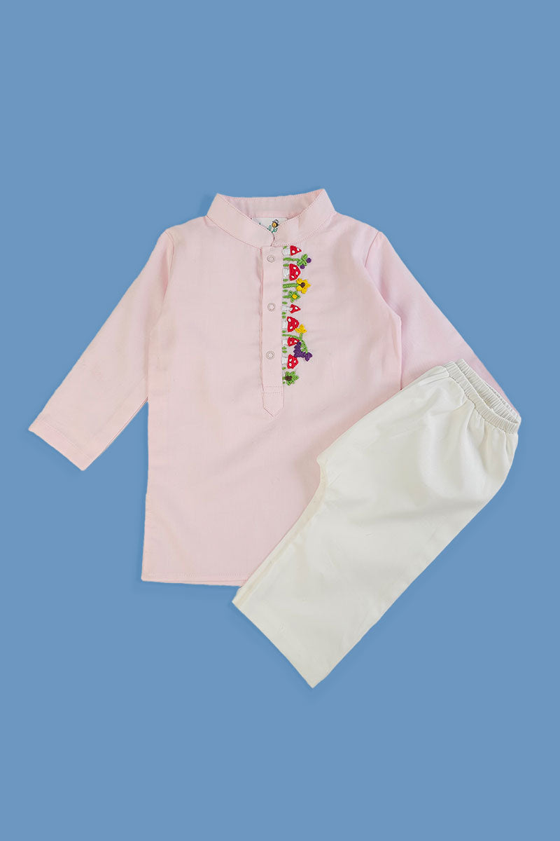 Mushroom - Cotton Hand Embroidered Pastel Pink Kurta paired with Pajama Pants