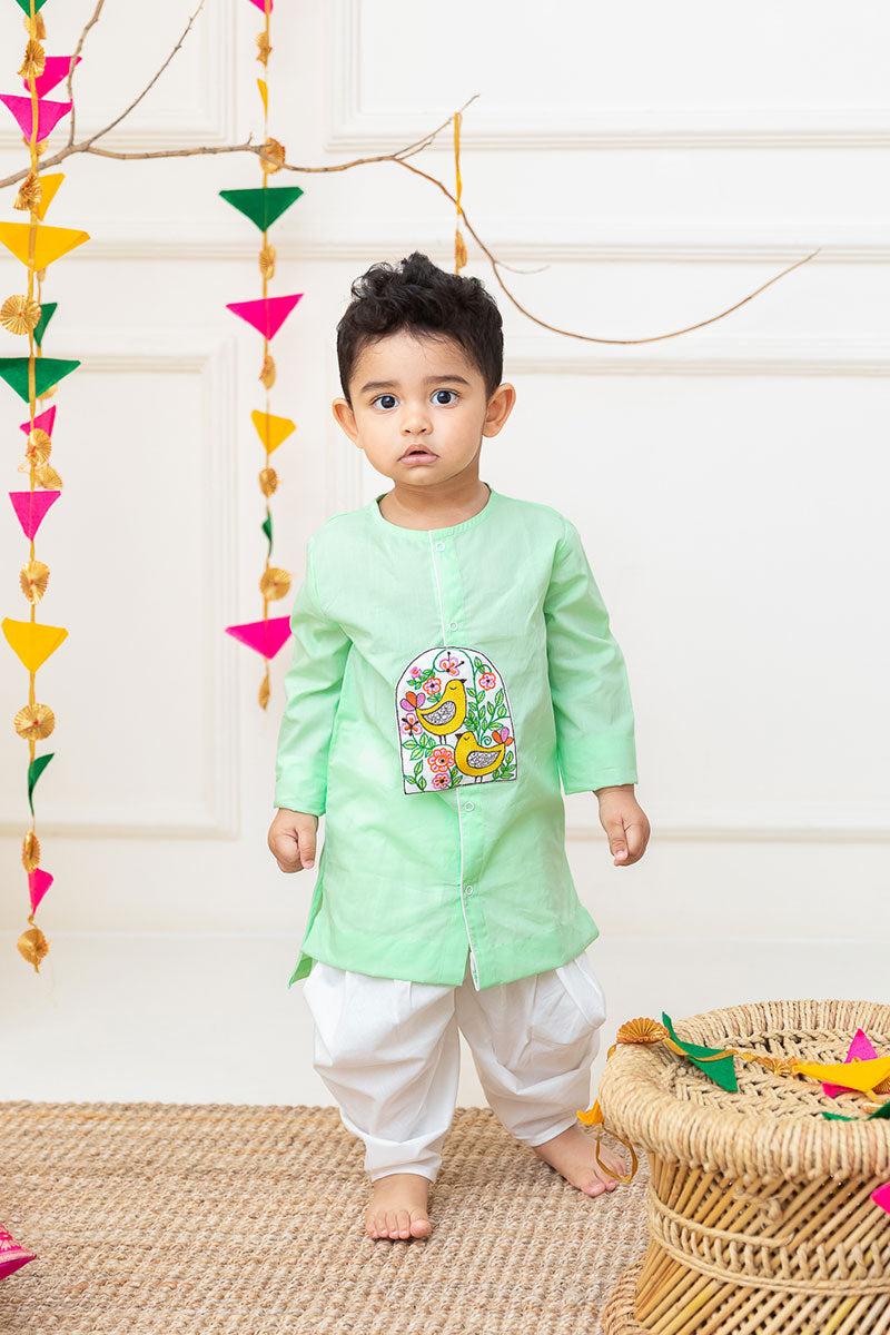 Birds in Bloom - Cotton Embroidered Green Kurta paired with Patiyala Pants