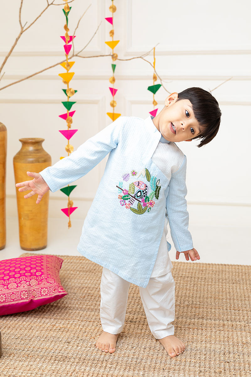 Toucan - Cotton Hand Embroidered Angrakha Style Blue Kurta paired with Pajama Pants