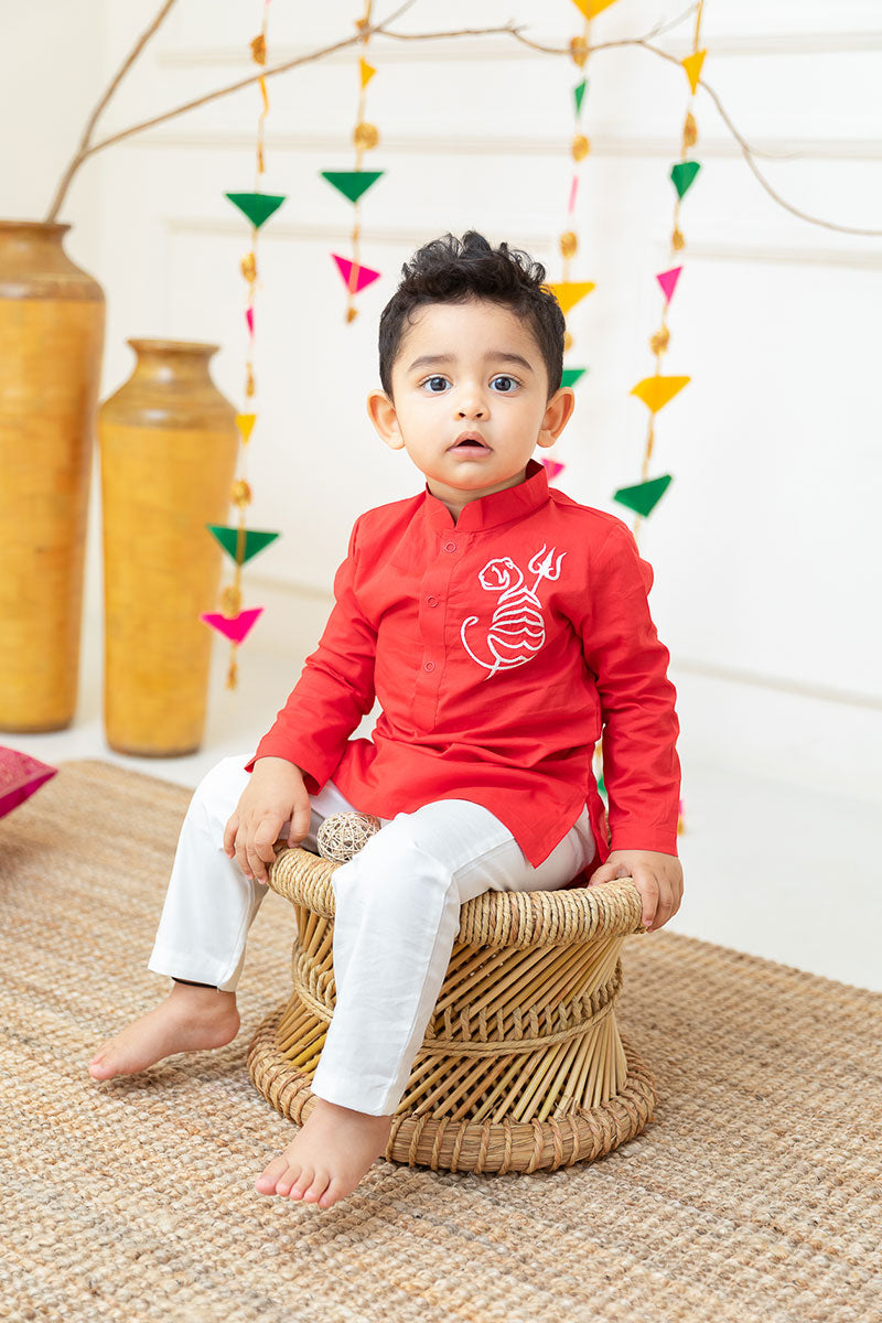 Tiger - Cotton Embroidered Red Kurta paired with Pajama Pants