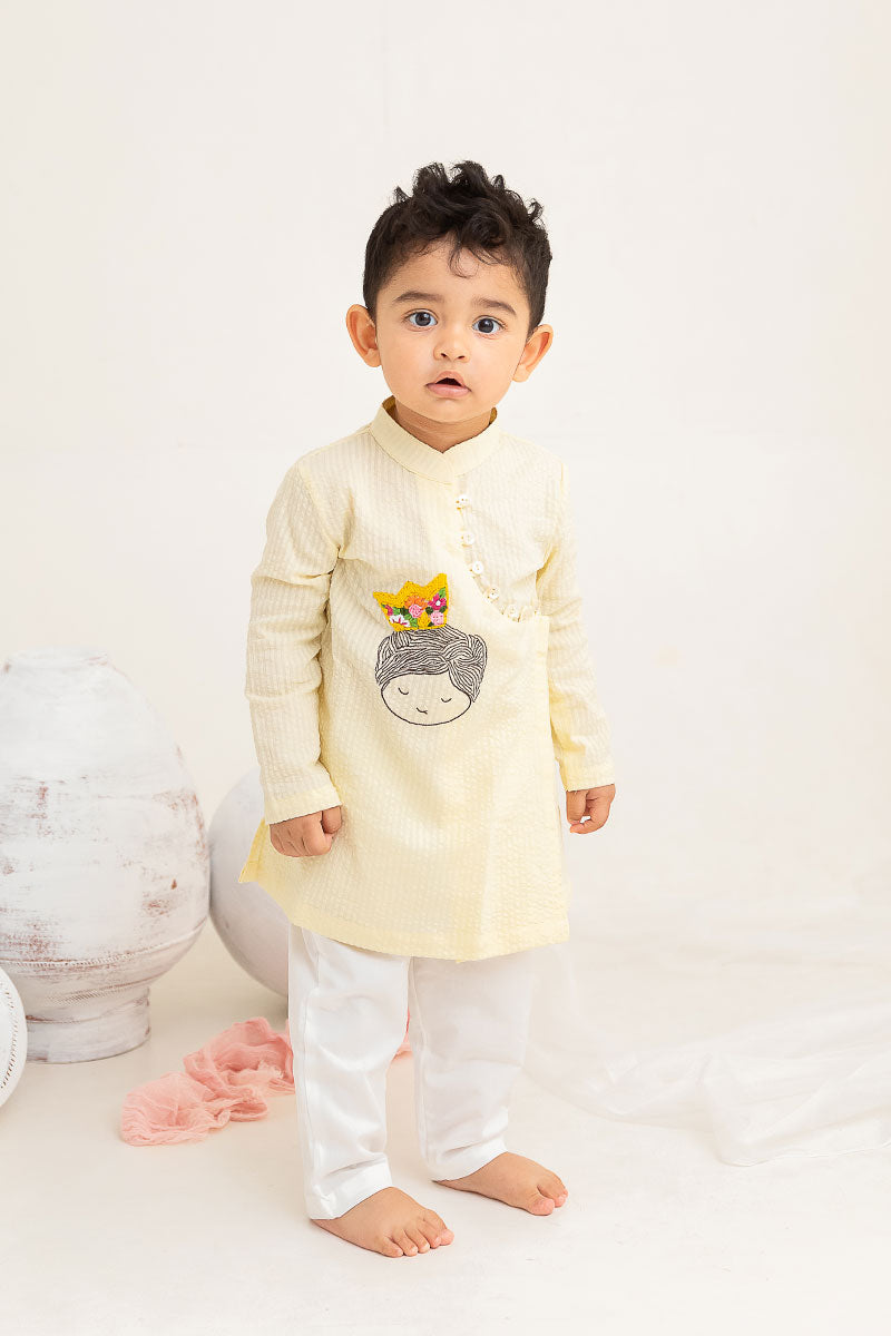 Little Prince - Cotton Hand Embroidered Yellow Kurta paired with Pajama Pants