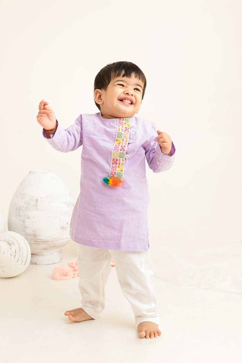 Lilac - Cotton Hand Embroidered Placket Kurta paired with Pajama Pants