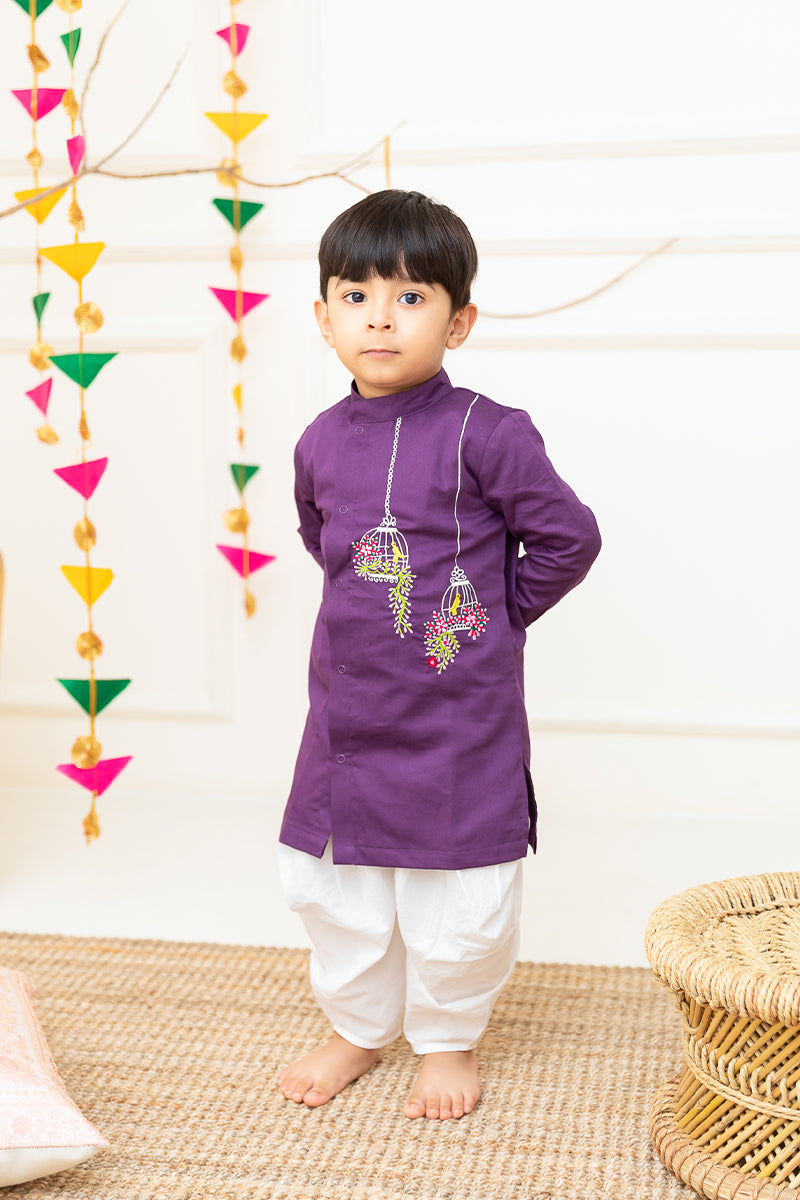 Birdcages - Cotton Embroidered Purple Kurta paired with Patiyala Pants