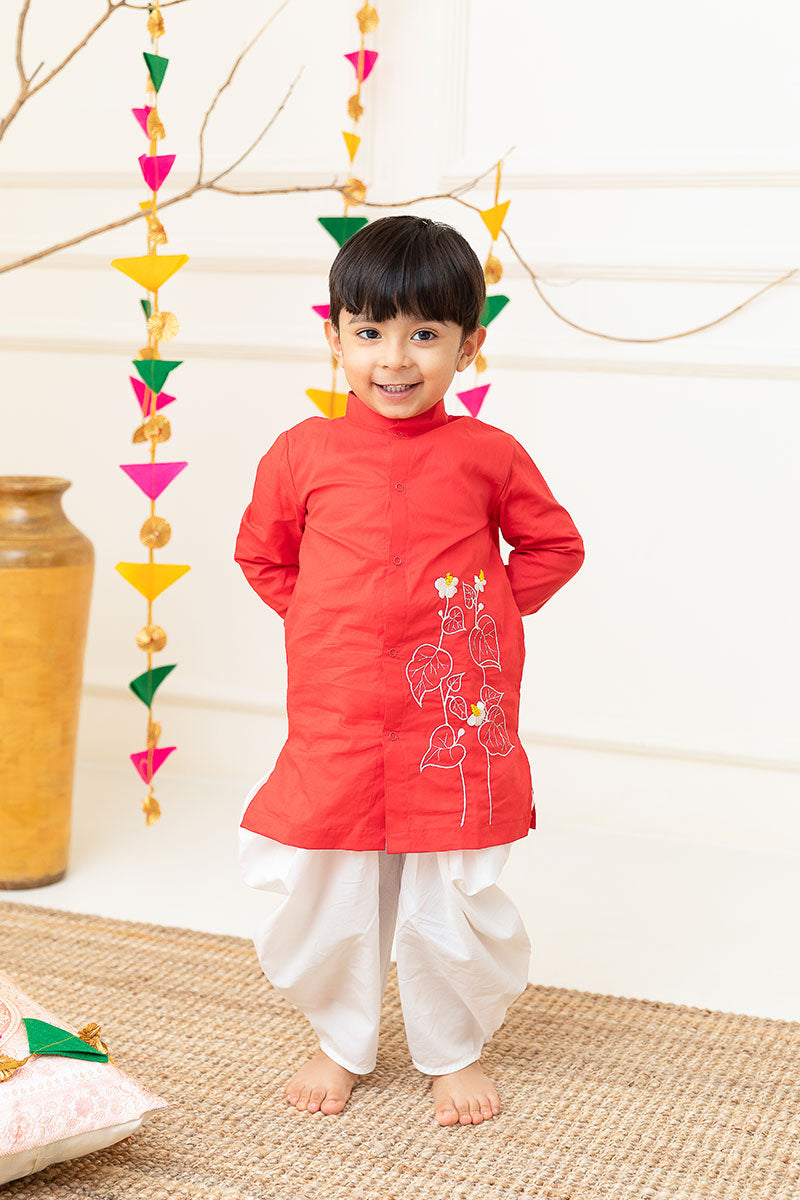 Red Floral Vine - Cotton Embroidered Red Kurta paired with Patiyala Pants